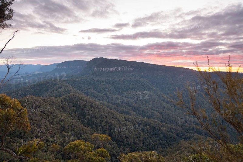 Sun set colors illuminating the sky above a vast sub tropical rain forest Gondwana, viewed from the Mount Cougal summit with a wide natural perspective toward Lamington National Park, Mount Cougal, Queensland, Australia