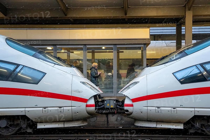 ICE train on the platform in Essen Central Station, North Rhine-Westphalia, Germany
