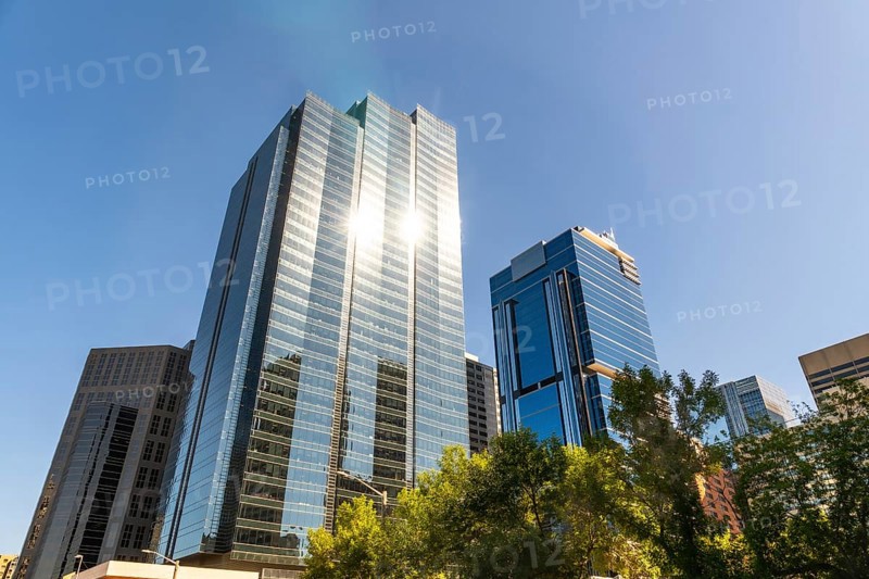 Sun reflecting on glass skyscrapers in downtown calgary, canada, creating a vibrant and dynamic cityscape on a clear sunny day, surrounded by green trees