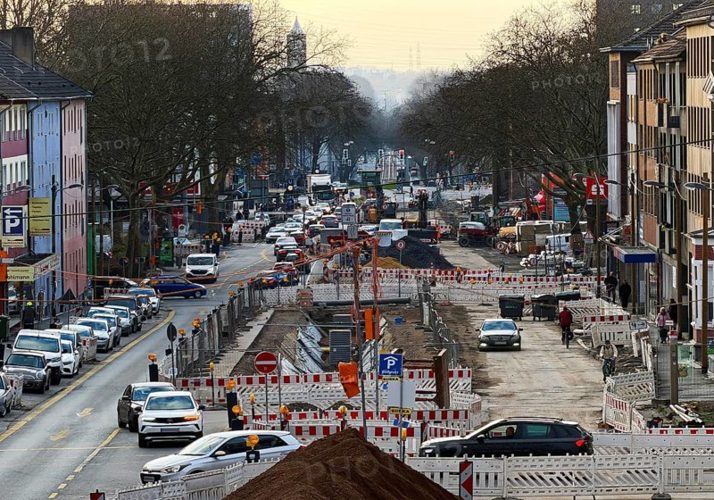 Large-scale Alleestraße construction site with sustainable and modern road reconstruction, Bochum, Ruhr region, North Rhine-Westphalia, Germany