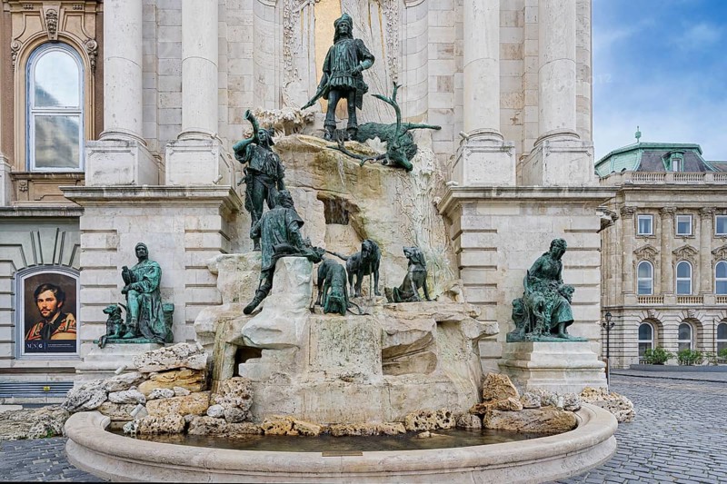 Buda Castle, Spectacular Mathias fountain with hunter statues, Budapest, Hungary