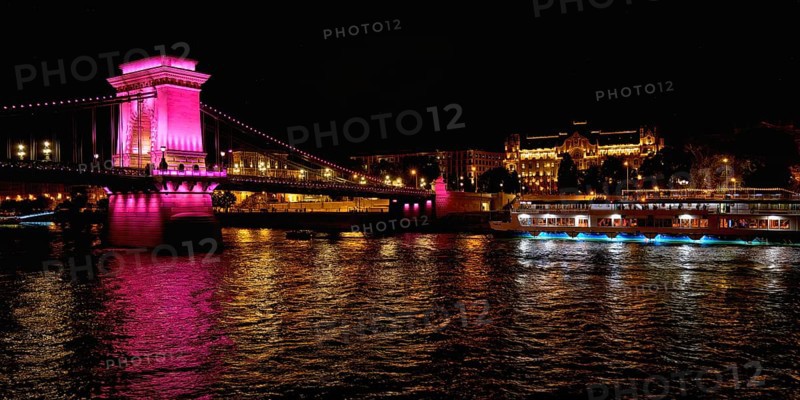 Chain Bridge at night viewed from the Danube River, Budapest, Hungary