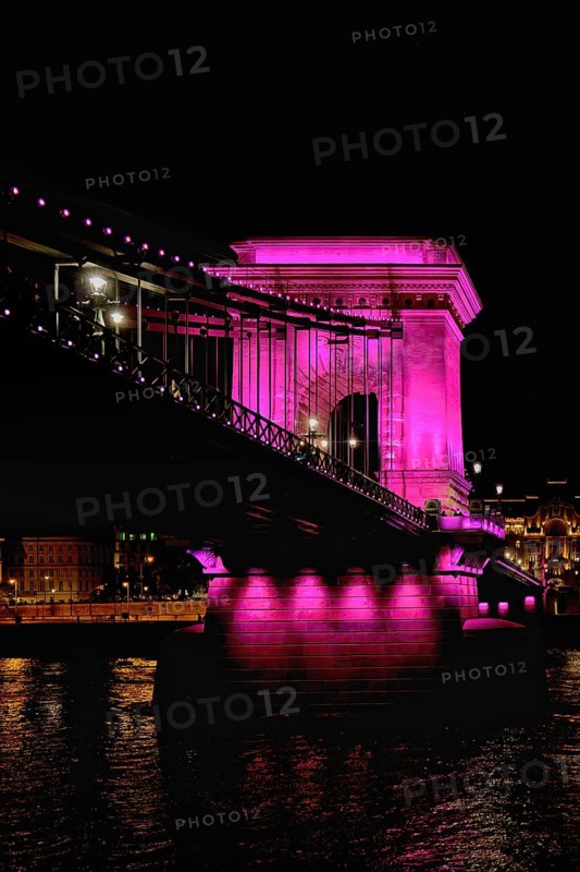 Chain Bridge at night viewed from the Danube River, Budapest, Hungary