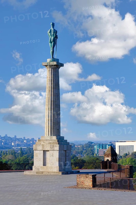 View over Belgrade and Statue of The Victor to commemorate victories against the Ottoman and Austro-Hungarian empires, Kalemegdan fortress, Stari Grad, Belgrade, Serbia