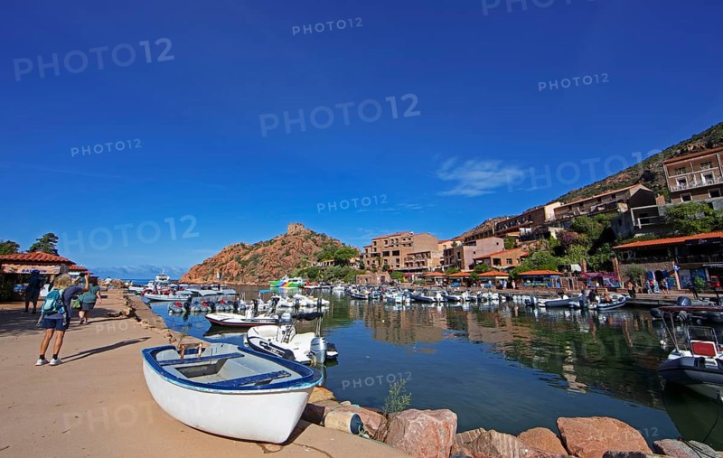 Boats in Port de Porto or Port of Porto on the Porto River, behind the Genoese Tower, Porto, Ota, west coast of Corsica, Corse-du-Sud, Corsica, France