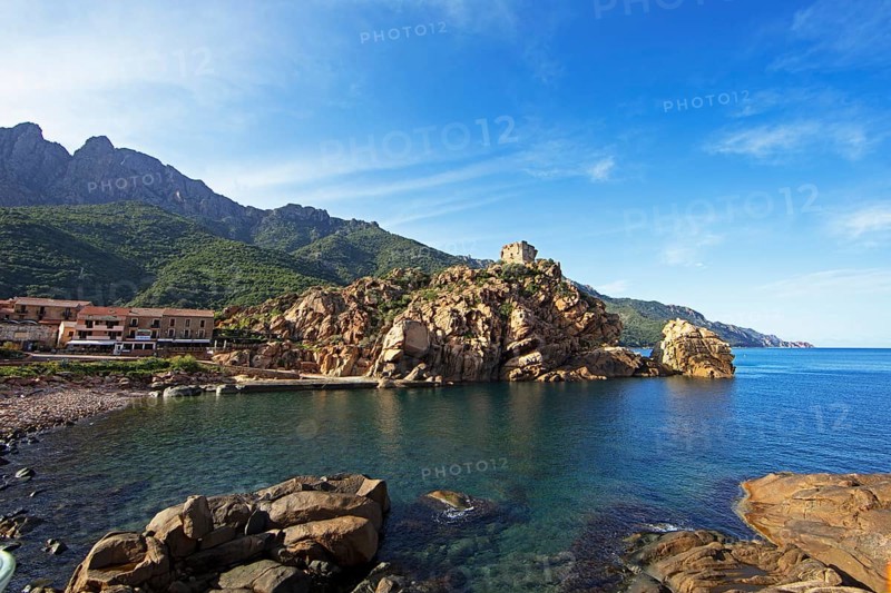 Marina de Porto with Genoese Tower in Porto Bay, a UNESCO World Heritage Site, Porto, Ota, West Coast of Corsica, Corse-du-Sud, Corsica, France