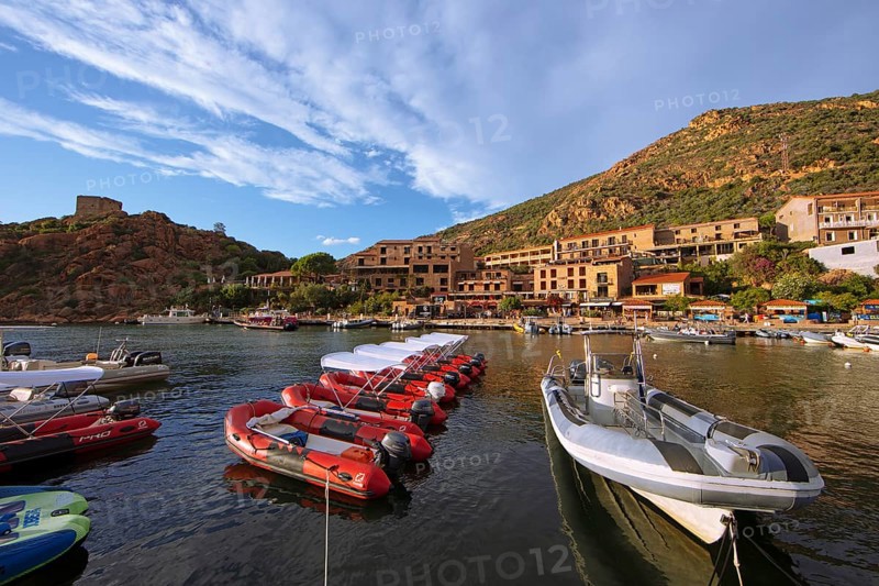 Colourful boats in Port de Porto or Port on the Porto River, behind the Genoese Tower, Porto, Ota, west coast of Corsica, Corse-du-Sud, Corsica, France