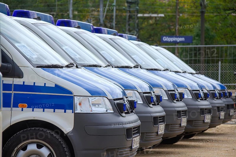 June 10, 2012 Demonstration in Göppingen, Baden-Württemberg, Germany. Several riot police vehicles are parked in a row at the train station in Göppingen and secure the public area with their presence