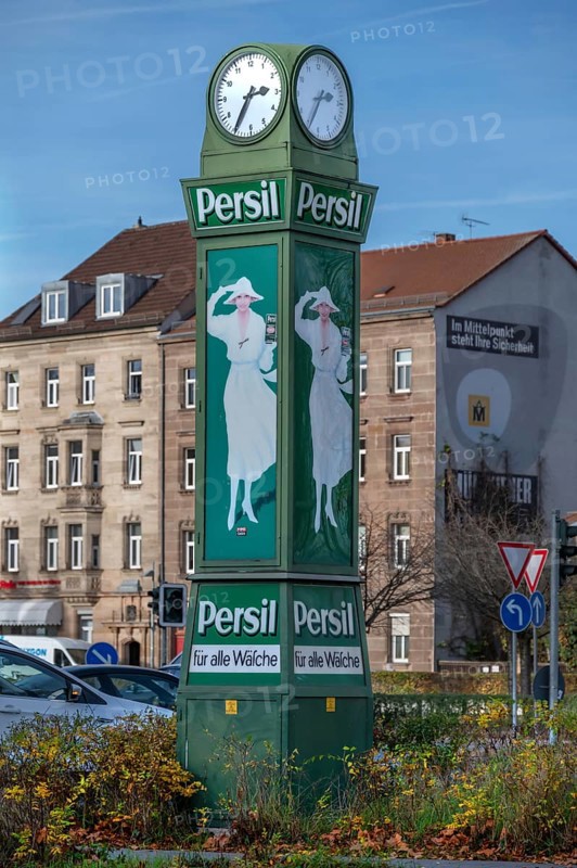 The persil clock, neon sign for the company Henkel, this historic persil clock was given away to cities in the 1920s, Fürth, Middle Franconia, Bavaria, Germany