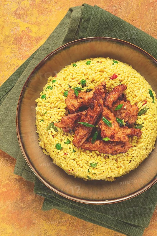 Crispy chicken fillet in soy sauce, with fried rice, homemade, no people