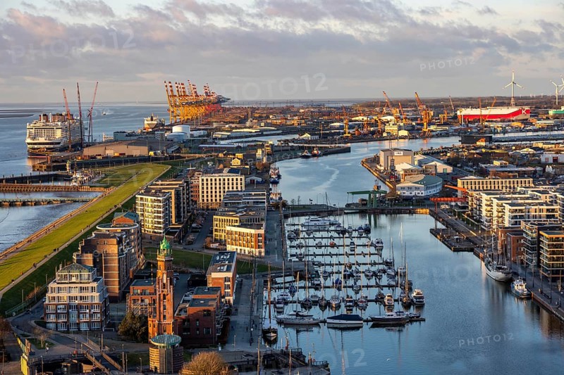 Overview of Bremerhaven's New Port and overseas port with container terminal, Disney Adventure cruise ship at Bremerhaven Cruise Port, Bremen, Germany