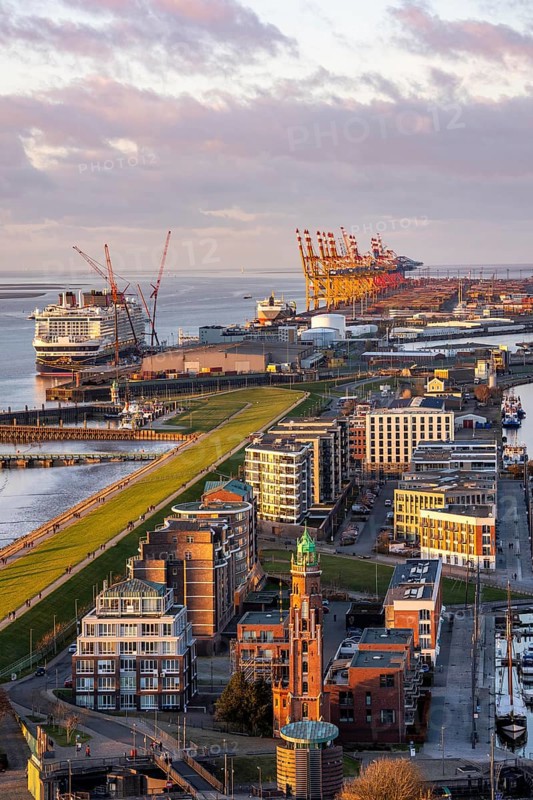 Overview of Bremerhaven's New Port and overseas port with container terminal, Disney Adventure cruise ship at Bremerhaven Cruise Port, Bremen, Germany