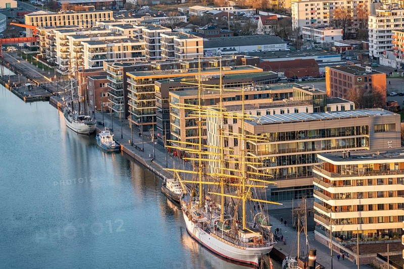 Overview of New Harbour residential buildings, sailing school ship Germany, Bremerhaven, Bremen, Germany