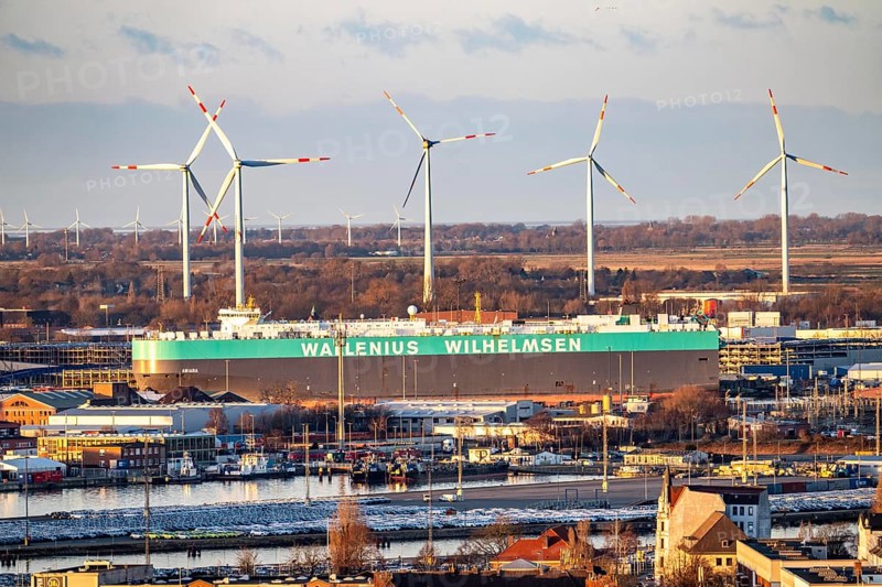 Overview of the overseas port with BLG Auto Terminal in Bremerhaven, Bremen, Aniara car transporter operated by the shipping company Wallenius Wilhemsen, Germany