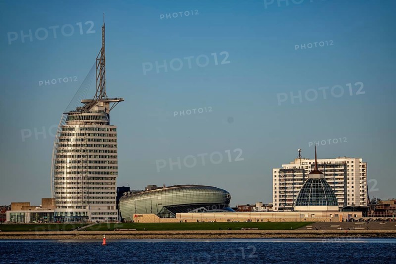 Skyline of Bremerhaven seen across the Weser, Atlantic Sail City Hotel, Klimahaus, skyscrapers at Columbus Center, in Bremerhaven, Bremen, Germany