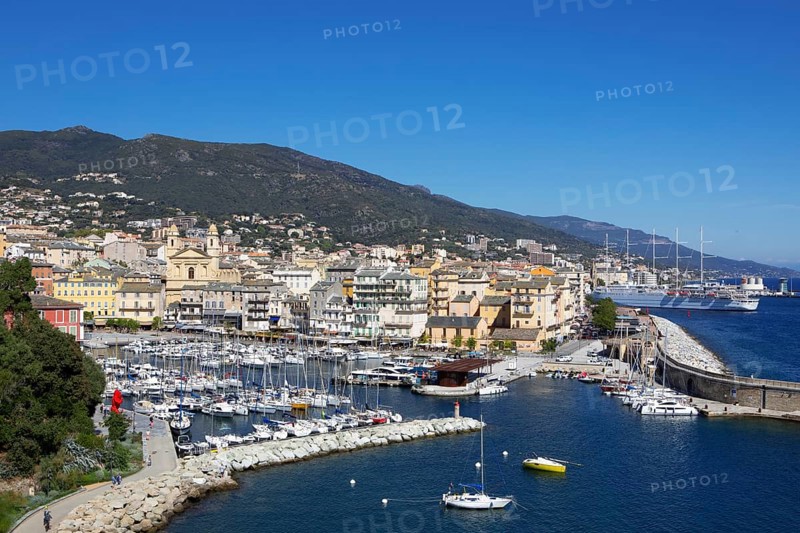 View from the citadel of the old port with marina and church of Saint Jean-Baptiste à Bastia or church of St. John the Baptist, Port de Plaisance or Vieux Port, old town, Bastia, Haute-Corse department, Corsica, France
