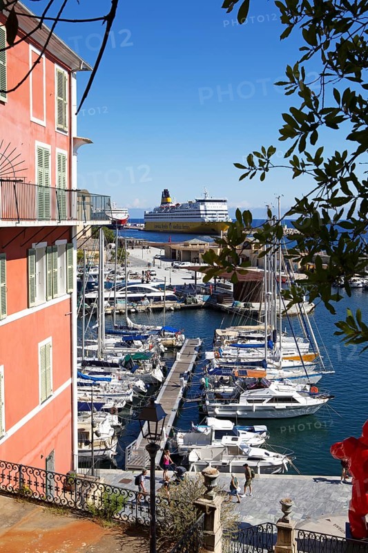View from Jardin Romieu of the old port and ferry, Port de Plaisance or Vieux Port, old town, Bastia, Haute-Corse department, Corsica, France