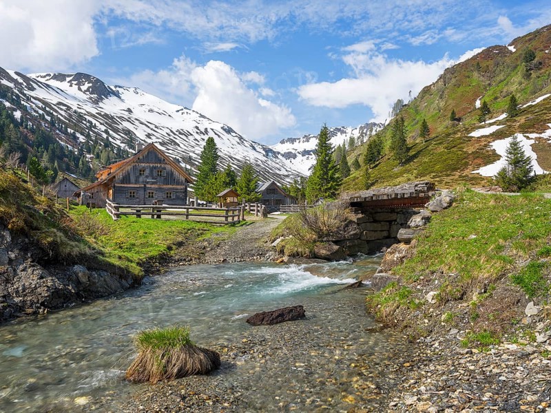 Zauneralm, Riedingtal nature park Park, Riedingbach, snow-capped mountains, stream with bridge, hiking, Zederhaus, Lungau, Salzburg