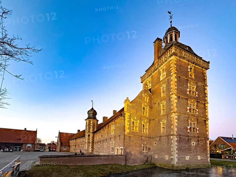 Observatory Tower of Raesfeld Castle stands in Wassergraben behind part of Vorburg, Raesfeld Water Castle, Freiheit Raesfeld, Hohe Mark nature park Park, Münsterland, North Rhine-Westphalia, Germany