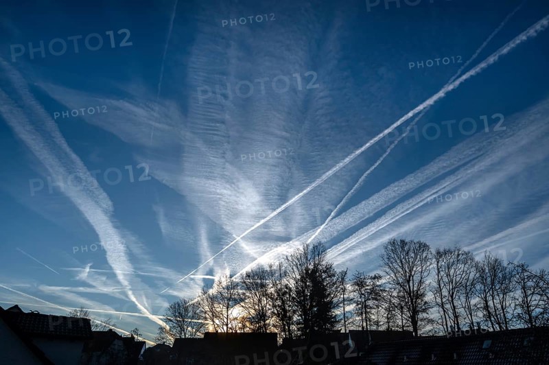 Morning sky with contrails, tree and house silhouettes below, Eckental, Middle Franconia, Bavaria, Germany