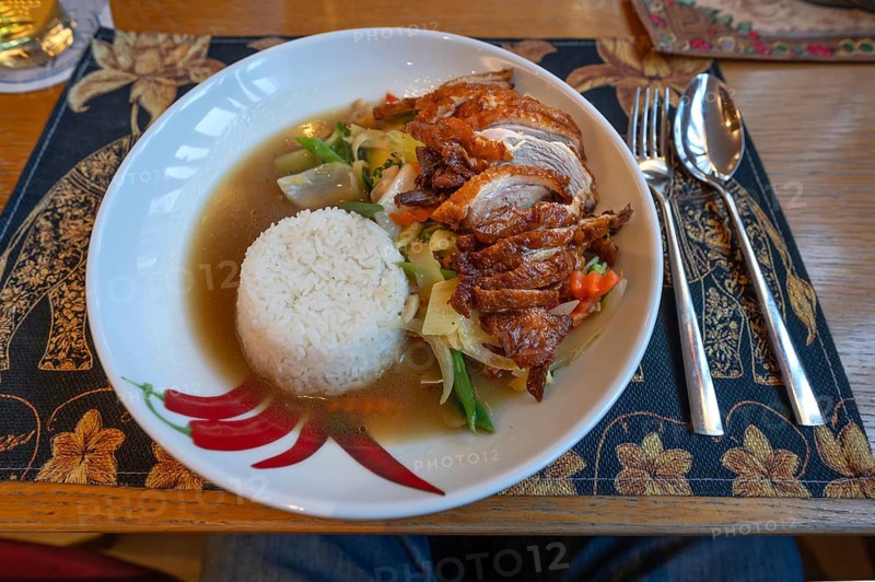 Duck breast with rice and vegetables in a Thai restaurant, Franconia, Bavaria, Germany