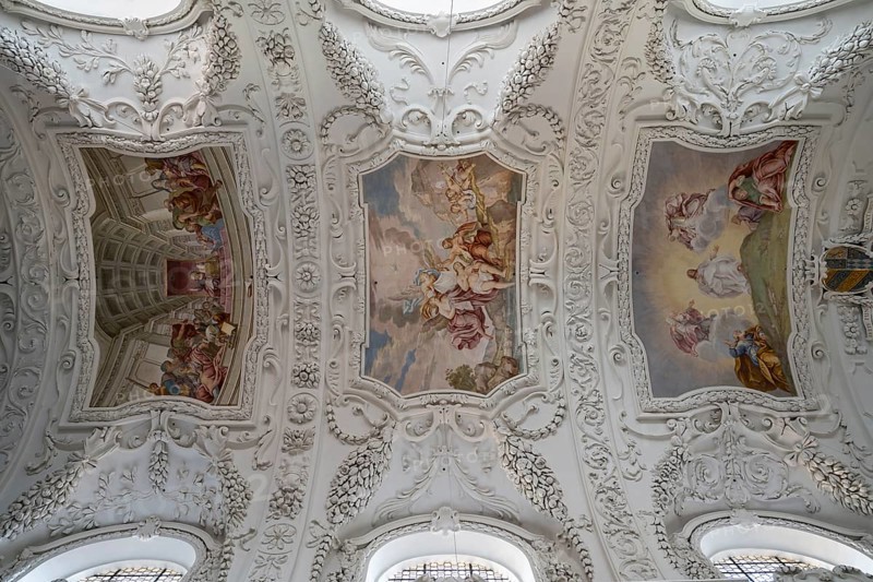 Vaulted ceiling with frescoes, baroque, parish church of St. Quirinus, former monastery church, village of Tegernsee, Upper Bavaria, Germany