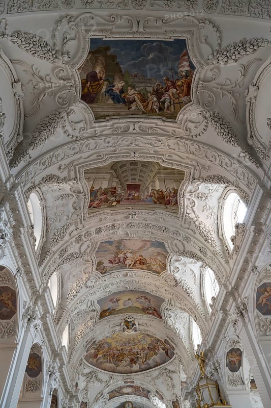 Vaulted ceiling with frescoes, baroque, parish church of St. Quirinus, former monastery church, village of Tegernsee, Upper Bavaria, Germany