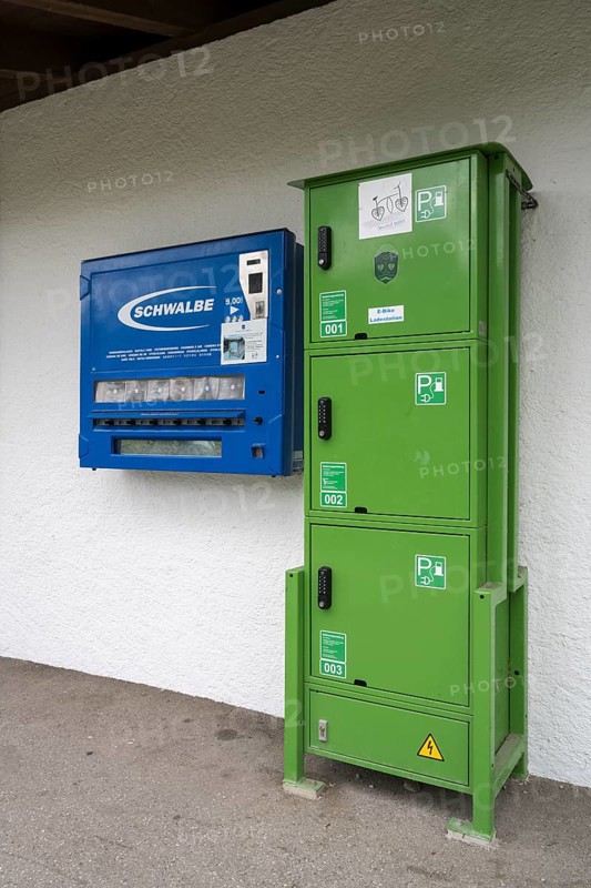 Vending machine with bicycle tubes, e-bike charging station, Gmund, Upper Bavaria, Bavaria, Germany