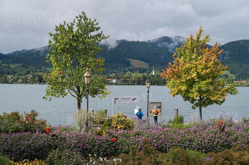 Schiffsanlegestelle an der Seepromenade, in the back of Bad Wiessee, town of Tegernsee, Upper Bavaria, Bavaria, Germany