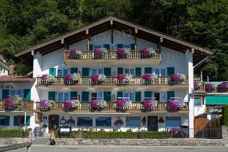Apartment house with balcony and flowers, typical Bavarian house, town of Tegernsee, Upper Bavaria, Bavaria, Germany