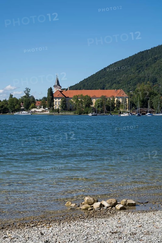 Parish Church of St. Quirinus, Tegernsee Abbey, Castle with Braustüberl, view from Seeufer Point, village Tegernsee, Upper Bavaria, Bavaria, Germany