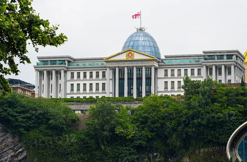 Large government building with dome and flag on a green hill, state palace for ceremonies, Avlabari residence or presidential palace, Tbilisi, Tbilisi, Georgia