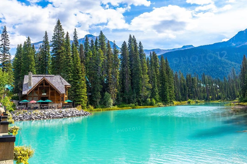 Emerald lake lodge, nestled among lush pine trees, reflects beautifully on the vibrant turquoise waters of emerald lake in yoho national park, british columbia
