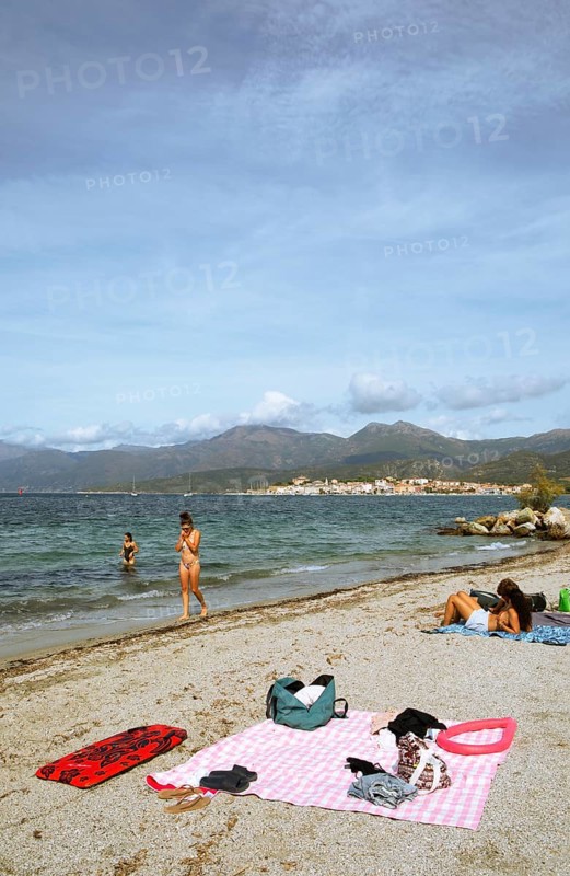 Beach or Plage de la Roya, in the back of Saint-Florent on the Gulf of Saint-Florent in the Mediterranean, Haute-Corse, Corsica