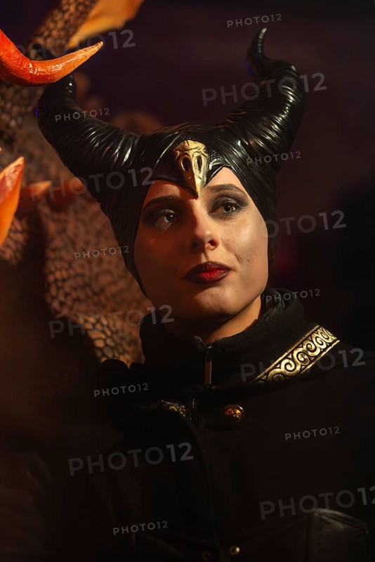 Female devil, woman with horns, portrait, fog, murmuring, winter, Waldburg Castle, Allgäu, Baden-Württemberg, Germany