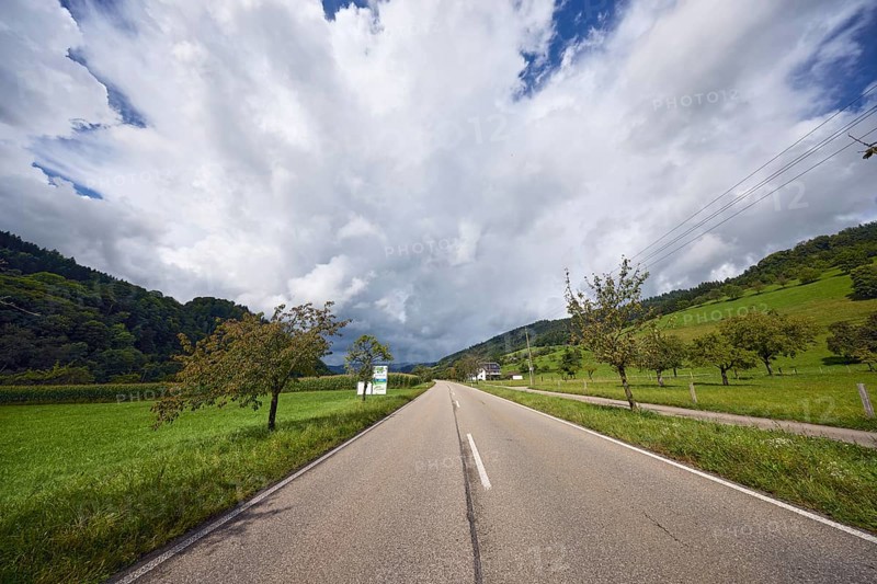 Landscape, landscape photography, hills, coniferous forest, trees, meadow, field, central perspective, sunlight, cloudy, stratocumulus clouds, nimbostratus clouds, road An der Niederbruck, Simonswald, Black Forest, Emmendingen district, Baden-Württemberg, Germany