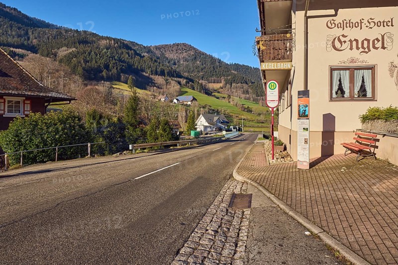Simonswald Engel bus stop, Gasthof Hotel Engel, buildings, general architecture, landscape, hilly landscape, hills, coniferous forest, road, center line, sidewalk, guardrail, blue sky, cloudless, Obertalstraße, Simonswald, Black Forest, Emmendingen district, Baden-Württemberg, Germany
