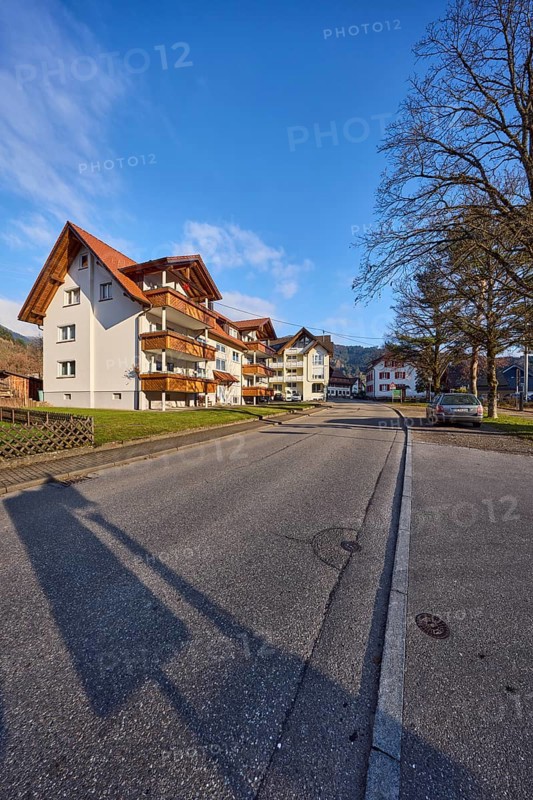 Houses, general architecture, residential buildings, apartment buildings, street, sidewalk, trees, meadow, hill, coniferous forest, blue sky, cumulus clouds, intersection of valley road with sawmill, Simonswald, Black Forest, Emmendingen district, Baden-Württemberg, Germany