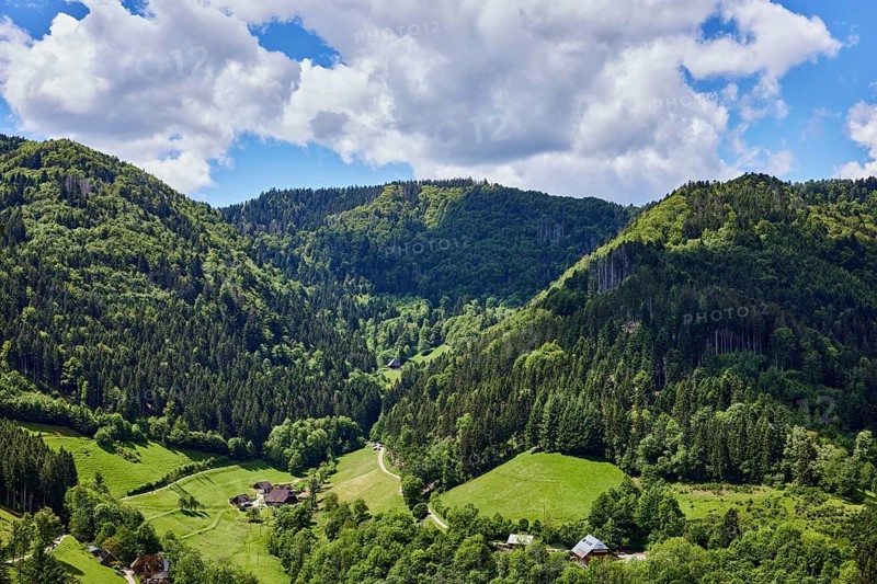 Simonswäldertal Dreitälerblick, Zweribach, landscape photography, hills, hilly landscape, coniferous forest, trees, meadow, homesteads, bird's eye view, elevated perspective, blue sky, cumulus clouds, L173, Simonswald, Black Forest, Emmendingen district, Baden-Württemberg, Germany