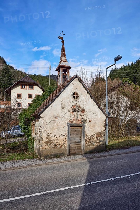 Old Ibicher chapel, historic chapel, general architecture, Black Forest house, lantern, sidewalk, street, hill, coniferous forest, blue sky, cumulus clouds, valley road, Simonswald, Black Forest, Emmendingen district, Baden-Württemberg, Germany