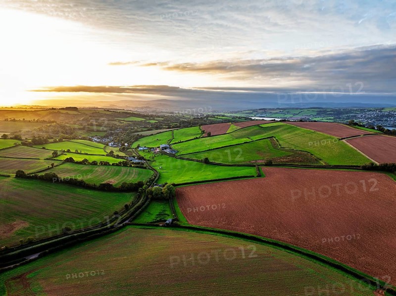 Colours of autumn Fields and Farms over Sheldon from a drone, Torbay, Devon, England, United Kingdom