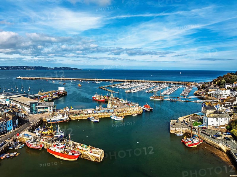 Brixham Hourbour and Brixham Marina from a drone, Brixham, Torbay, Devon, England, United Kingdom