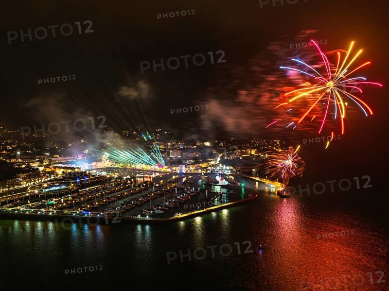 Bay of Lights Illumination Trail Fireworks over Torquay Horbour from a drone, Torbay, Devon, England, United Kingdom