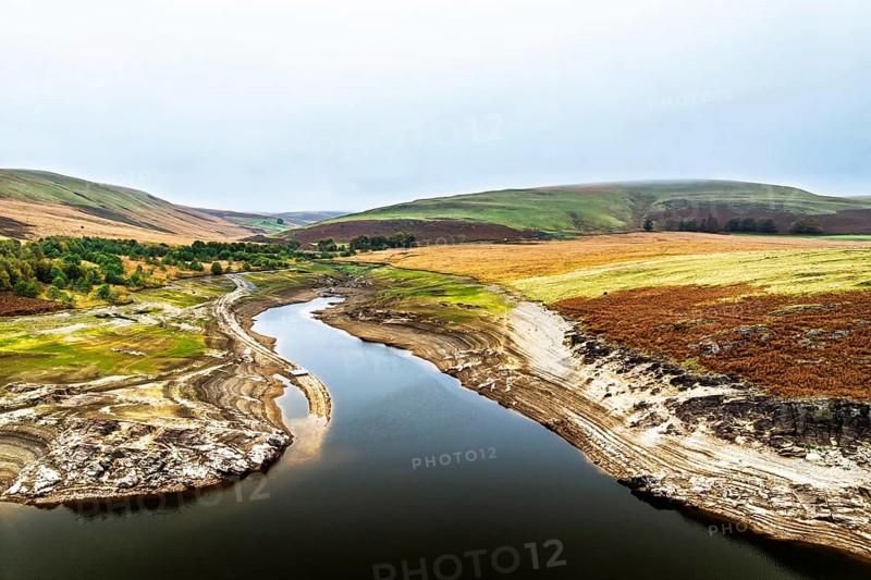 Autumn over Craig Goch Dam from a drone, Elan Valley Reservoirs, Elan Valley, Rhayader, Powys, Wales, UK