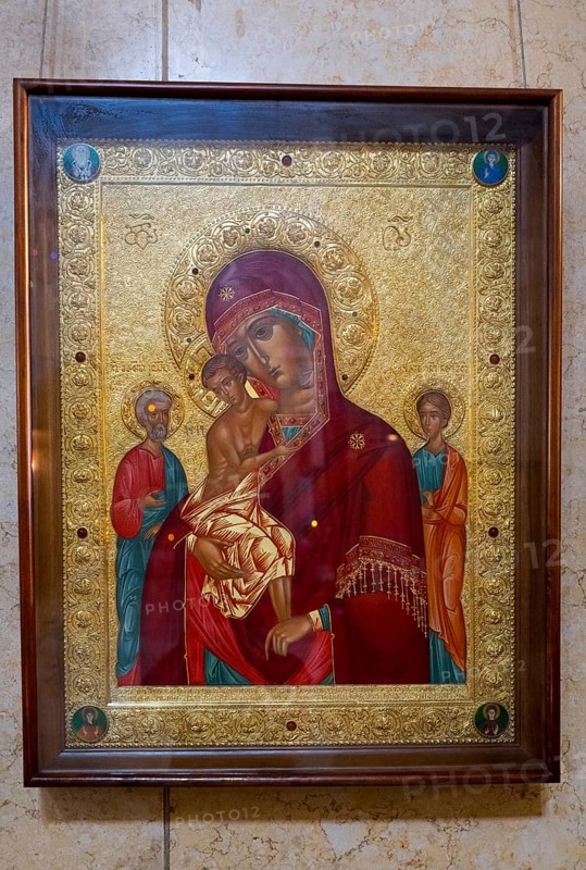 Icon of the Mother of God and Child, set in an ornately decorated golden frame, Sameba Cathedral, Trinity Cathedral, Tbilisi, Georgia