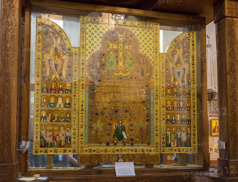 Icons and sacred symbols in an intricately designed glass display case in a church, Sameba Cathedral, Trinity Cathedral, Tbilisi, Georgia