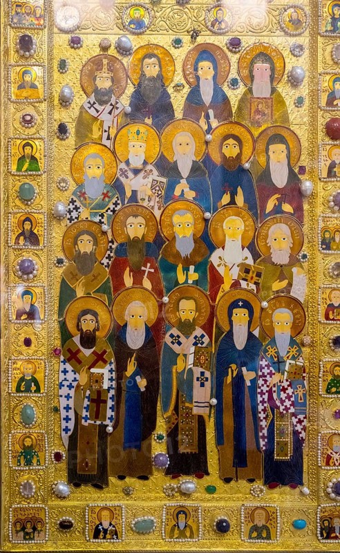 Detailed icons of saints decorated in gold, exhibited in a church room, Sameba Cathedral, Trinity Cathedral, Tbilisi, Tbilisi, Georgia