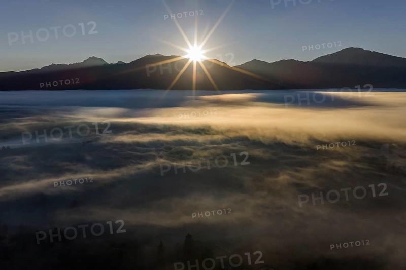 Sunrise, morning light, fog, mountains, autumn, back light, aerial view, view of, Benediktenwand, Rabenkopf, Jochberg, Alpine foothills, Bavaria, Germany