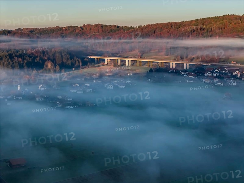 Autobahn bridge, A 95, village, houses, morning light, fog, mountains, autumn, sunny, aerial view, Großweil, Alpine foothills, Bavaria, Germany