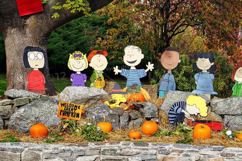 Peanuts cut out wooden figures, comic book character Charlie Brown and his friends in the front garden, pumpkins, decoration for Halloween, Ogunquit, Maine, New England, USA